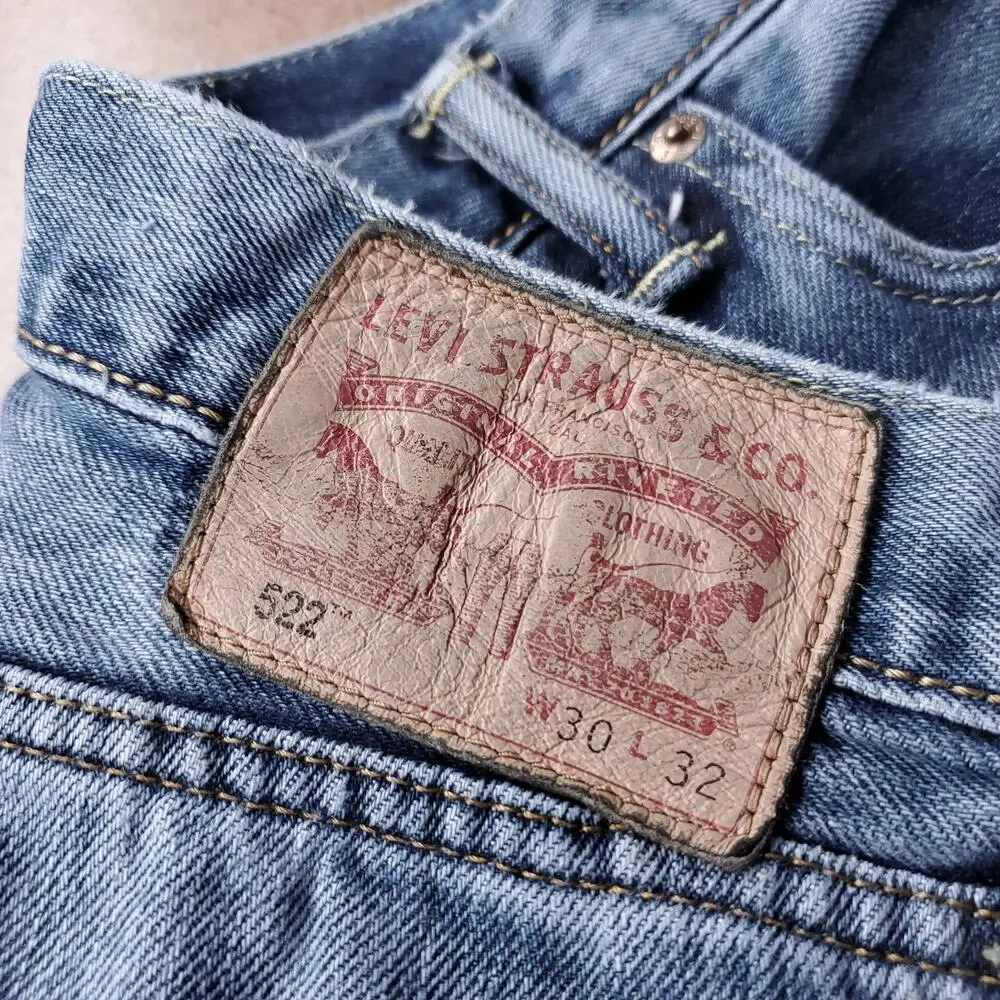 Levis 522 Jeans Slim Taper Leather Patch Two-Tone Premium Men 30x32 Stonewash